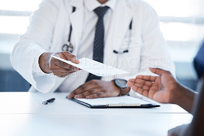 Buy stock photo Hospital, consulting and doctor with prescription for patient for medicine, treatment and medical service. Healthcare, clinic and hands of people with documents for medication, wellness and help