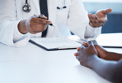 Buy stock photo Healthcare, clipboard and hands of doctor with patient for discussion, treatment and medical service. Hospital, clinic and health person with paperwork for insurance, wellness and consulting report