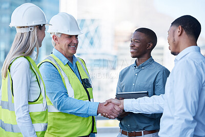 Buy stock photo Building deal, happy and people with handshake on site for construction job, logistics and meeting. B2b, support and engineers shaking hands with a black man for a maintenance or inspection contract