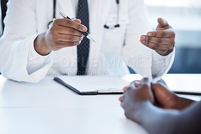 Buy stock photo Hospital, clipboard and hands of doctor with patient for discussion, treatment and medical service. Healthcare, clinic and health person with paperwork for insurance, wellness and consulting report