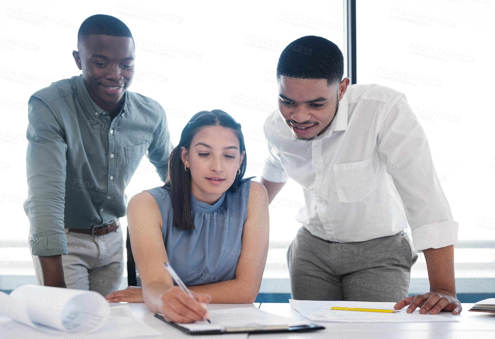 Buy stock photo Meeting, architecture and woman with business people, checklist and collaboration for construction. Building, planning and civil engineering team in discussion with blueprint for project management