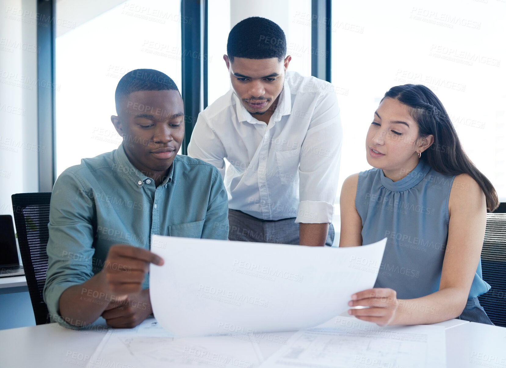 Buy stock photo Meeting, architecture and business people, blueprint and collaboration for construction strategy. Building, planning and civil engineering team in discussion with paperwork for project management