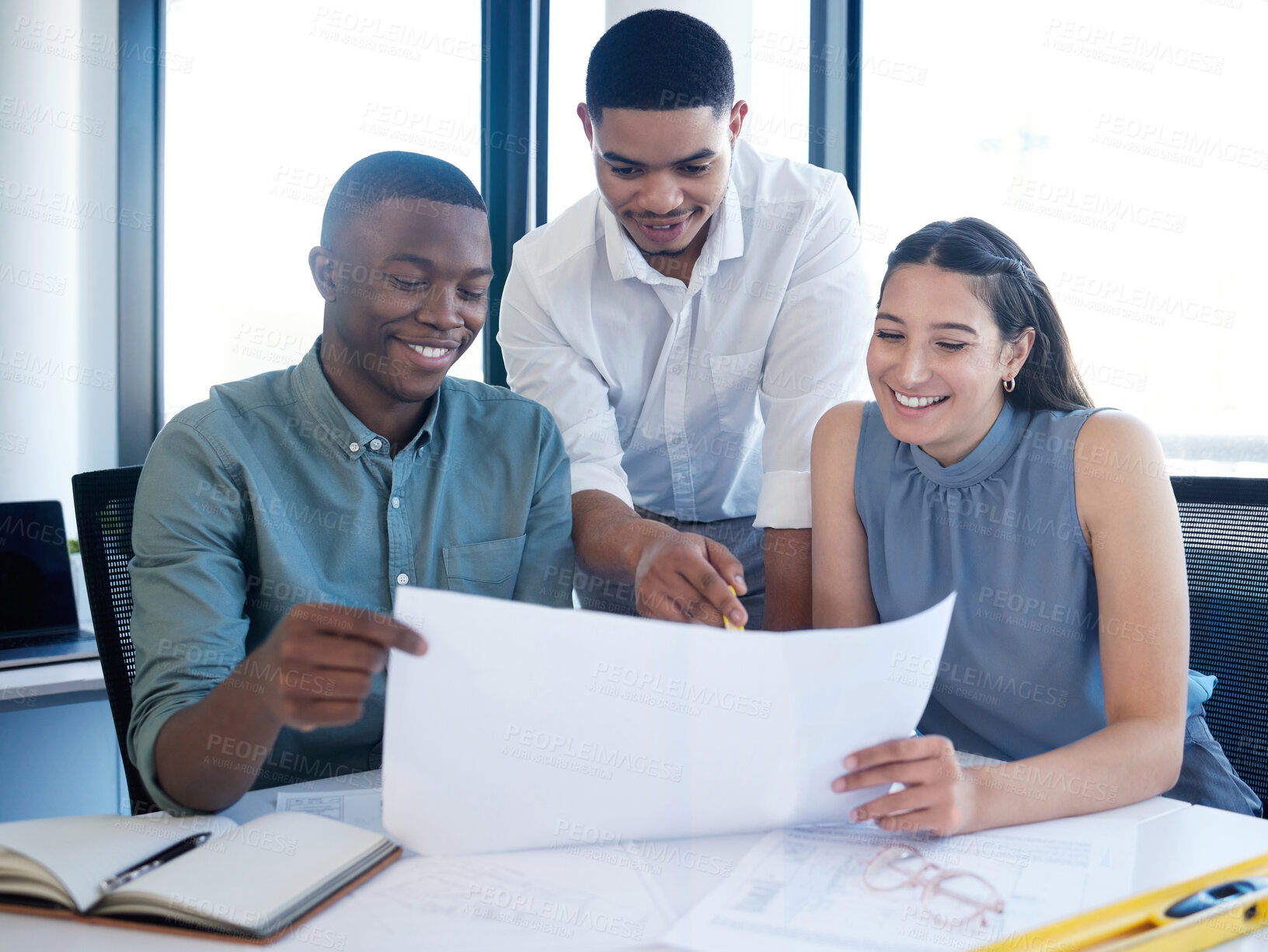 Buy stock photo Meeting, architecture and team of people with blueprint, strategy and collaboration for construction. Building, planning and engineering staff with ideas, design and paperwork for project management