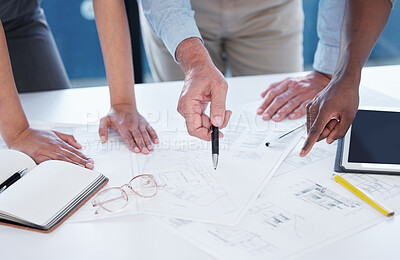 Buy stock photo Strategy, architecture and hands of people with blueprint, collaboration and meeting for construction. Building, planning and civil engineering team in workshop with paperwork for project management