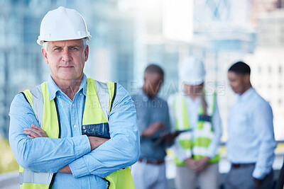 Buy stock photo Portrait, arms crossed and a serious man construction worker outdoor on a building site with his team in the background. Management, leadership and confidence with a senior architect standing outside