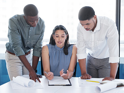 Buy stock photo Meeting, architecture and woman with business people, blueprint and collaboration for construction. Building, planning and civil engineering team in discussion with paperwork for project management