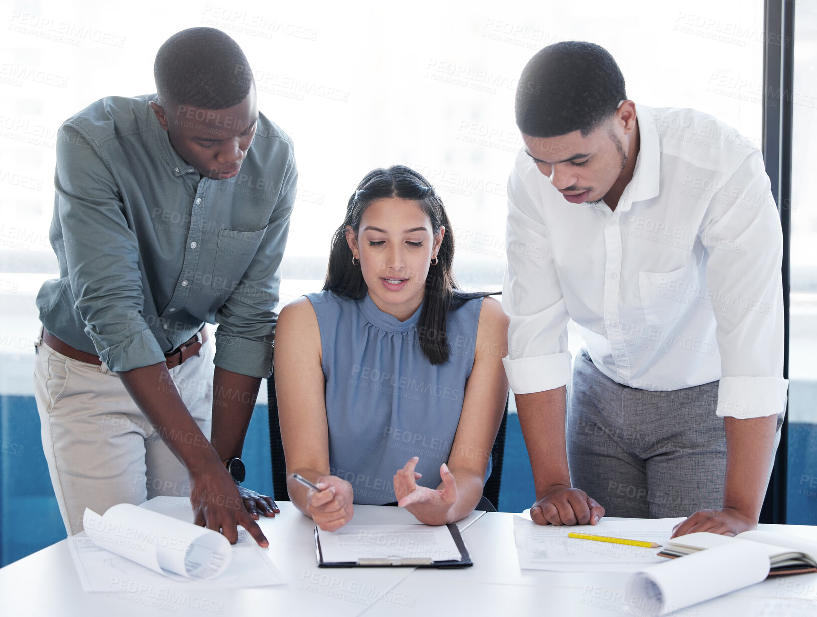 Buy stock photo Meeting, architecture and woman with business people, blueprint and collaboration for construction. Building, planning and civil engineering team in discussion with paperwork for project management