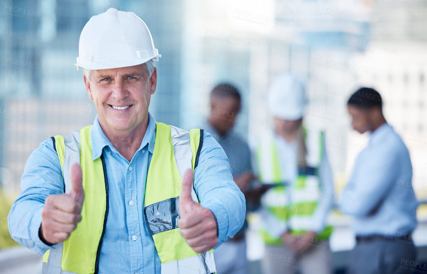 Buy stock photo Portrait, thumbs up and man as a construction worker outdoor on a building site with trust in his team. Management, leadership and motivation with a happy senior male architect for support of success