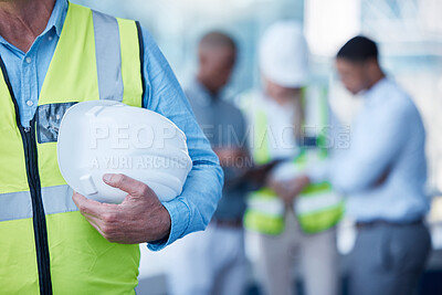 Buy stock photo Architecture, meeting and person with helmet in office for project management, team and inspection on tablet. Civil engineering, online planning and contractor at construction site with safety gear