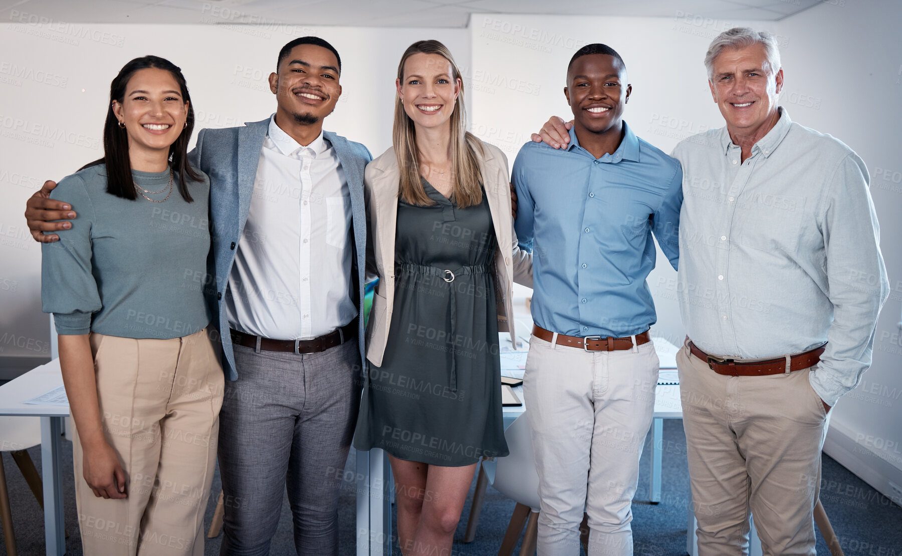 Buy stock photo Portrait, happy and group of business people with collaboration, coworking support and community in office. Team building, smile and staff with corporate diversity, inclusion and workplace solidarity