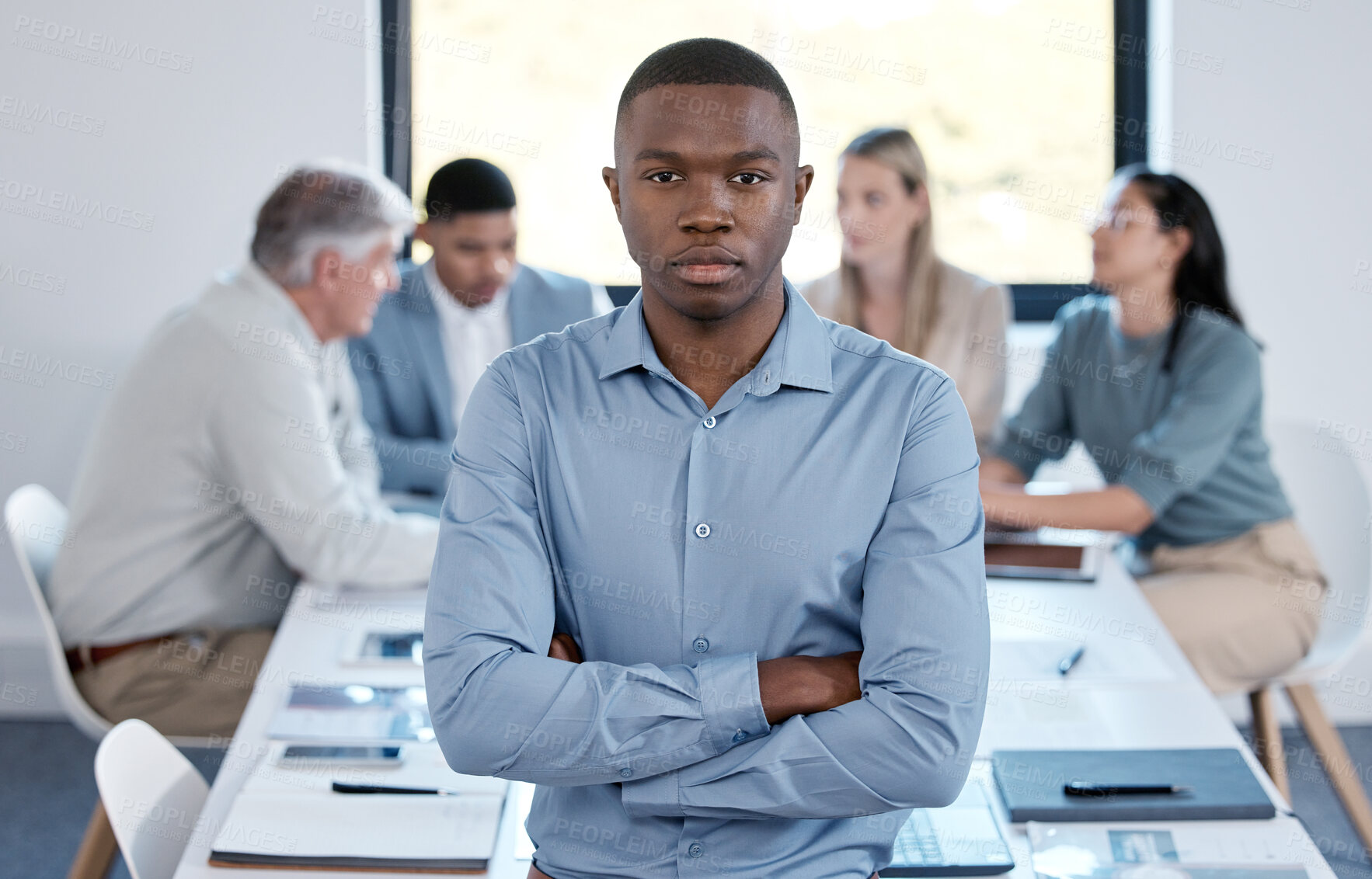 Buy stock photo Business man, portrait and crossed arms in office for  leadership, work and management. Project manager, confidence and people in workplace with collaboration, teamwork and cooperation for planning