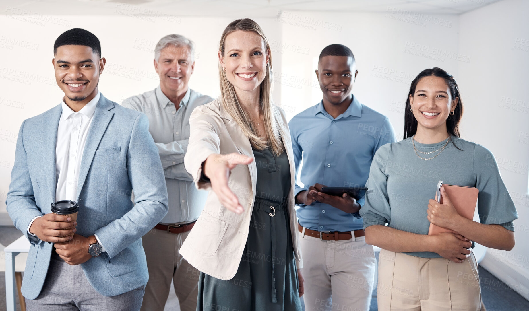 Buy stock photo Office, teamwork and portrait of business people with handshake for recruitment, hiring and partnership. Corporate staff, collaboration and men and women shaking hands for agreement, deal and welcome