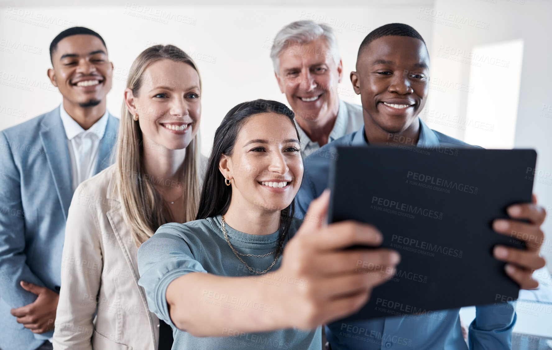 Buy stock photo Group, business people and selfie smile in office for collaboration, team building and diversity. Corporate, workers and staff profile picture together for about us, company website and social media