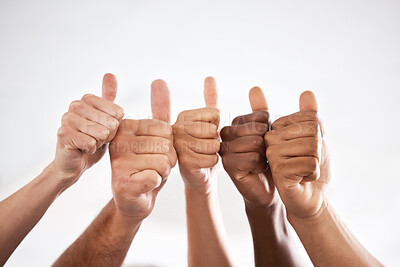 Buy stock photo Success, winning or hands of people with a thumbs up for teamwork, support or motivation. Diversity, business and employees with a gesture together for thank you, collaboration or celebration