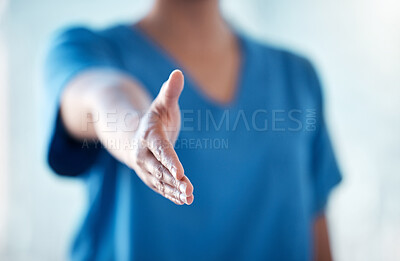 Buy stock photo Shot of an unrecognisable doctor reaching to shake your hand