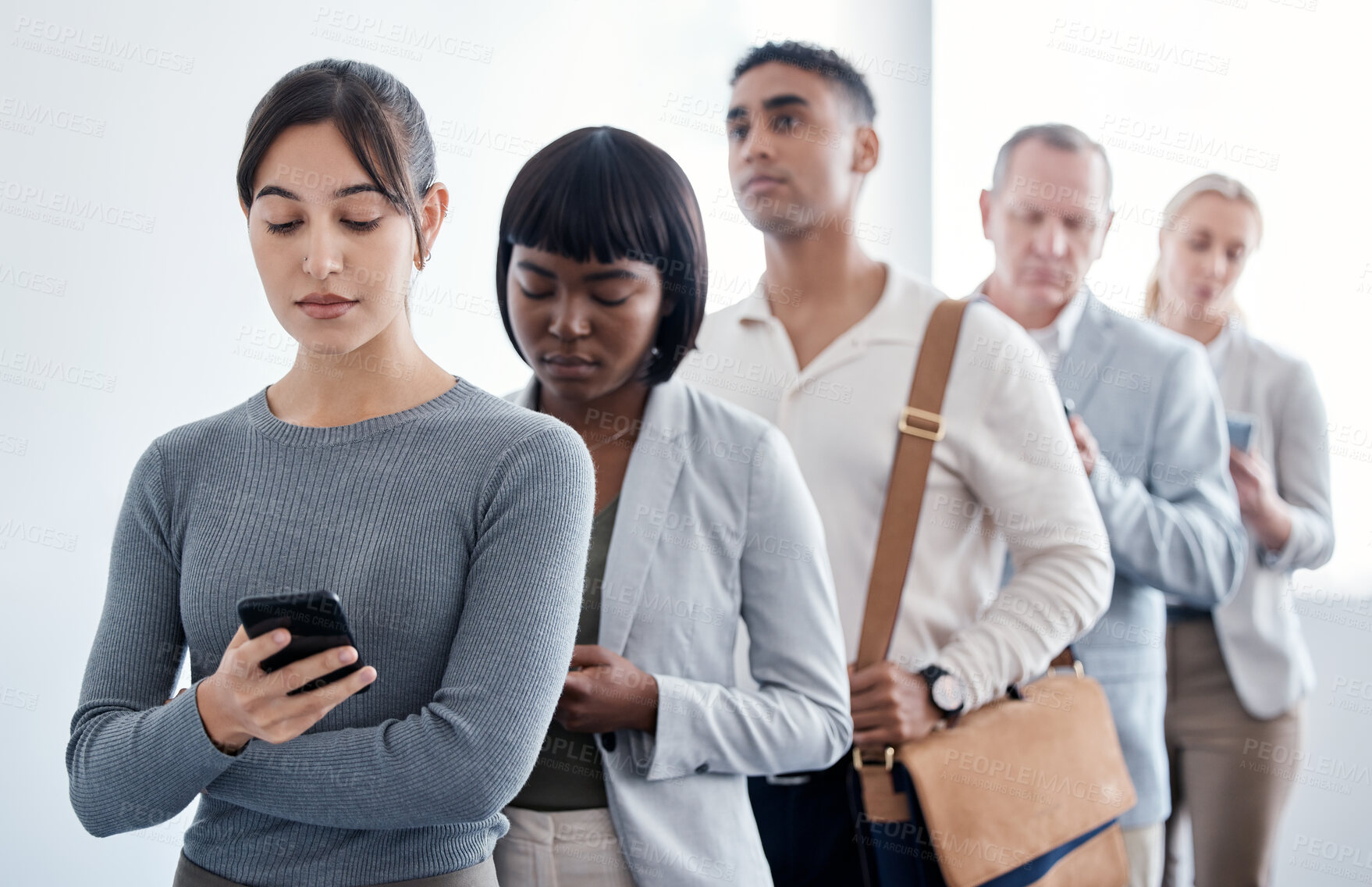 Buy stock photo Recruitment, waiting and business people in row for job interview, meeting and career opportunity. Hiring, diversity and line of men and women in office for onboarding, employment and human resources