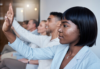 Buy stock photo Shot of a group of new employees having a discussion with the recruiter at an office