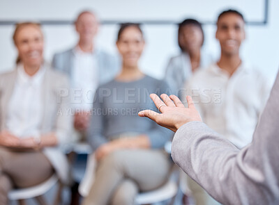 Buy stock photo Presentation, woman and speaker hand with audience at seminar or conference with meeting and training.  Business people, corporate workshop and learning, professional group and team with presenter