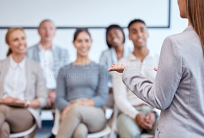 Buy stock photo Presentation, woman speaker and audience at seminar or conference with meeting and training at company. Business people, corporate workshop and learning, professional group and team with presenter