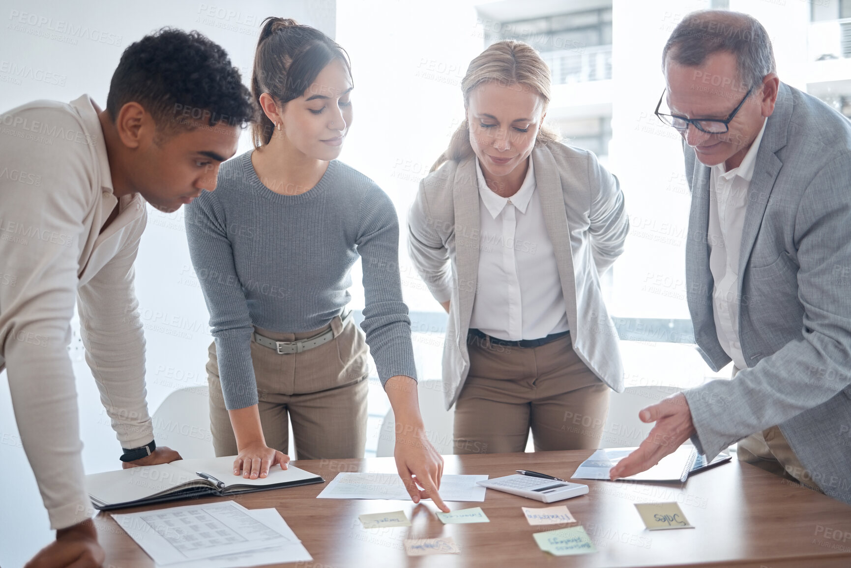 Buy stock photo Strategy, planning and business people in meeting with paperwork, productivity review and notes in office. Ideas, collaboration and team in workshop for sales report, growth and development at agency
