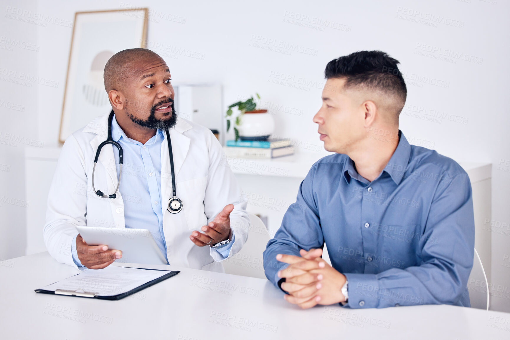 Buy stock photo Doctor, patient and consultation or tablet with man, results discussion and medical advice for treatment. Diagnosis, professional and healthcare communication, clinic check up and people talking