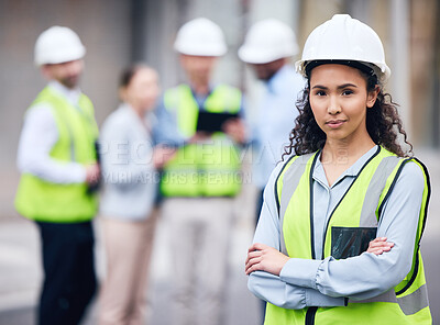 Buy stock photo Business woman, architect and arms crossed in leadership or project management for construction on site. Portrait of female person, engineer or manager in team planning for industrial architecture