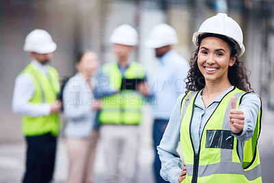 Buy stock photo Thumbs up, woman architect and at a building site happy with her colleagues in the background. Thank you or agreement, engineer and cheerful or excited construction worker at industrial workplace