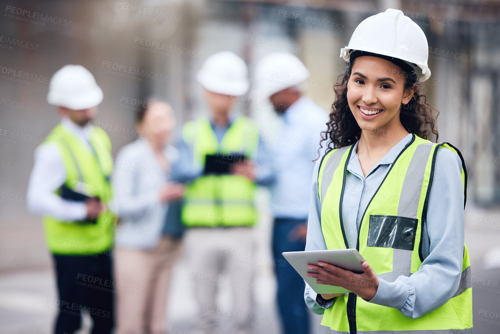 Buy stock photo Business woman, architect and tablet in project management or leadership for construction on site. Portrait of female person, engineer or manager with technology and team for industrial architecture
