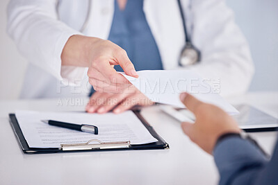 Buy stock photo Doctor, hands and customer with documents for prescription or healthcare consultation on office desk. Hand of medical professional giving doctors note to patient in consult or diagnosis at the clinic