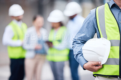 Buy stock photo Businessman, architect and helmet for safety in construction, project management or meeting on site. Man holding hard hat for industrial architecture, teamwork or maintenance and building in the city