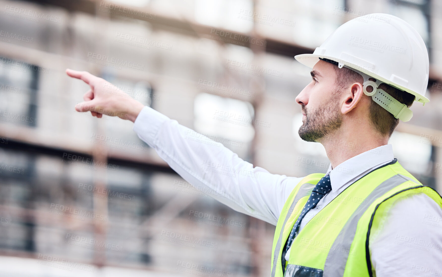 Buy stock photo City, man and engineer pointing to construction site for real estate development with ppe safety and project management. Architect guy, hand and showing urban building for inspection and maintenance