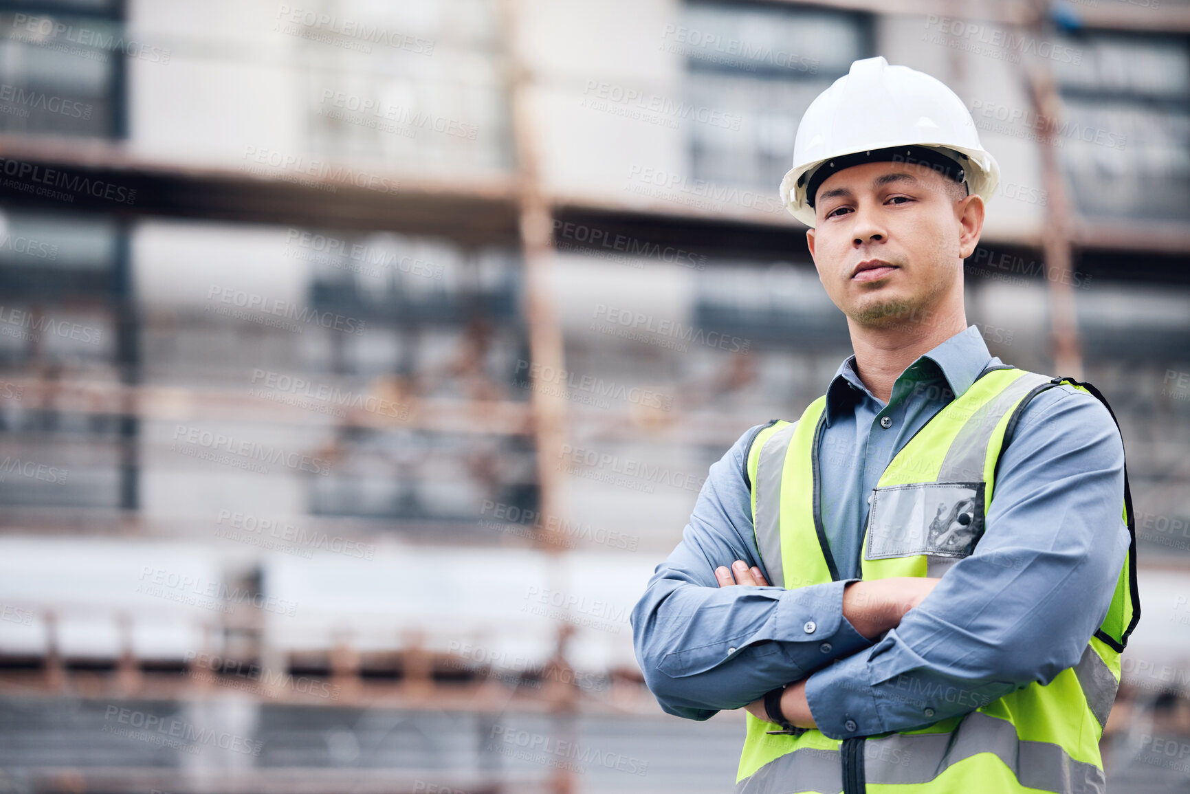 Buy stock photo Man, arms crossed and portrait with architect on construction site, building development and engineering confidence. Contractor, architecture employee and helmet safety, urban project and serious