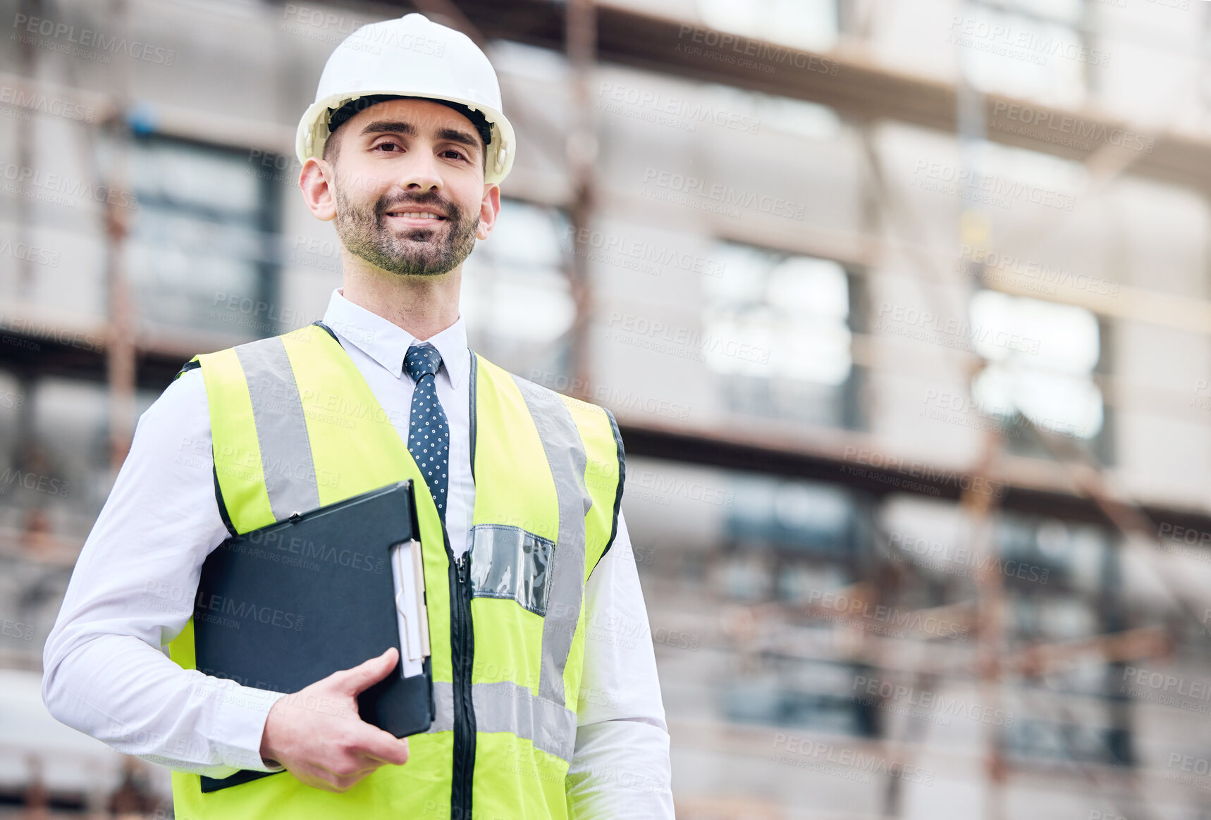 Buy stock photo Construction portrait, man and architect with clipboard for building inspection and project management with ppe safety. Engineer guy, paper or checklist in city for property maintenance or renovation