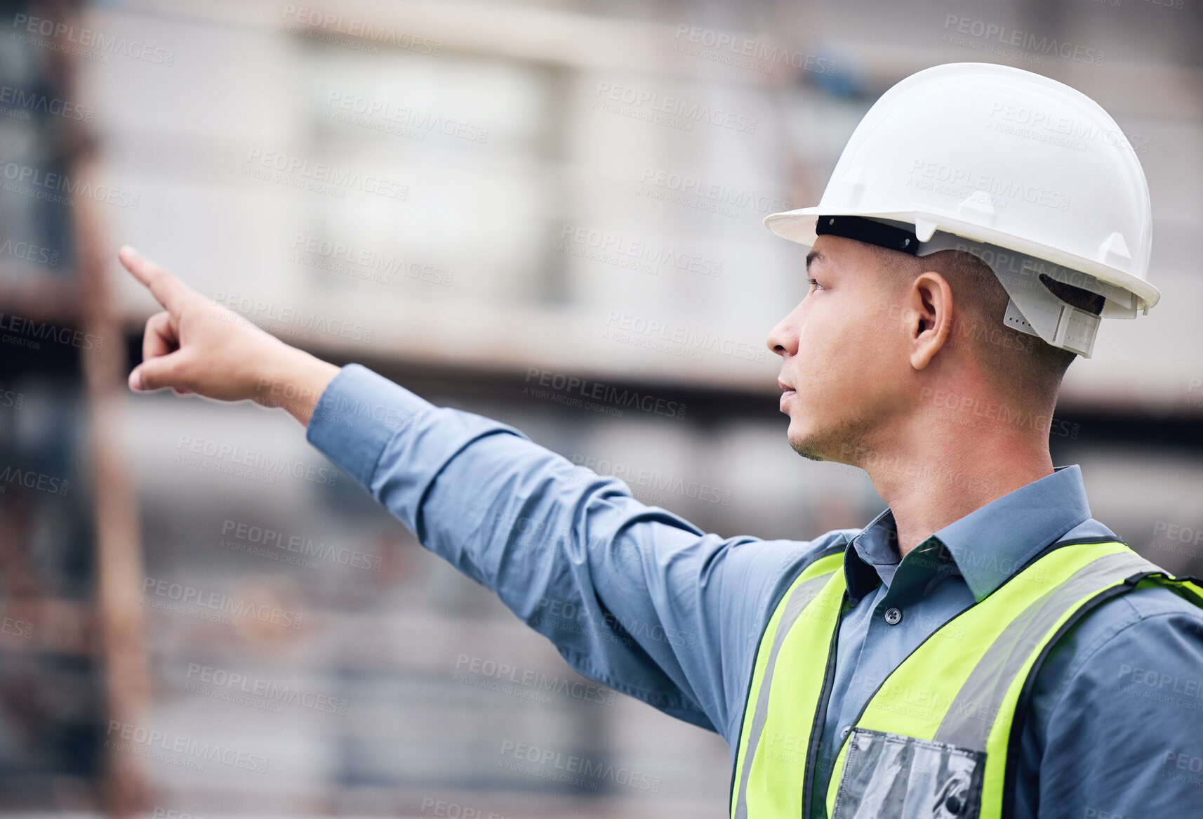 Buy stock photo City, man and architect pointing to construction site for real estate development with ppe safety and project management. Engineer guy, show gesture and urban building for inspection and maintenance