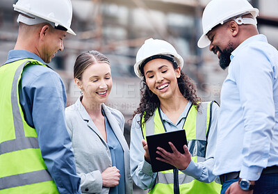Buy stock photo Construction, building and group with architect on tablet, project blueprint or engineering planning for work site. People, teamwork and engineer with technology, strategy or idea for contractor