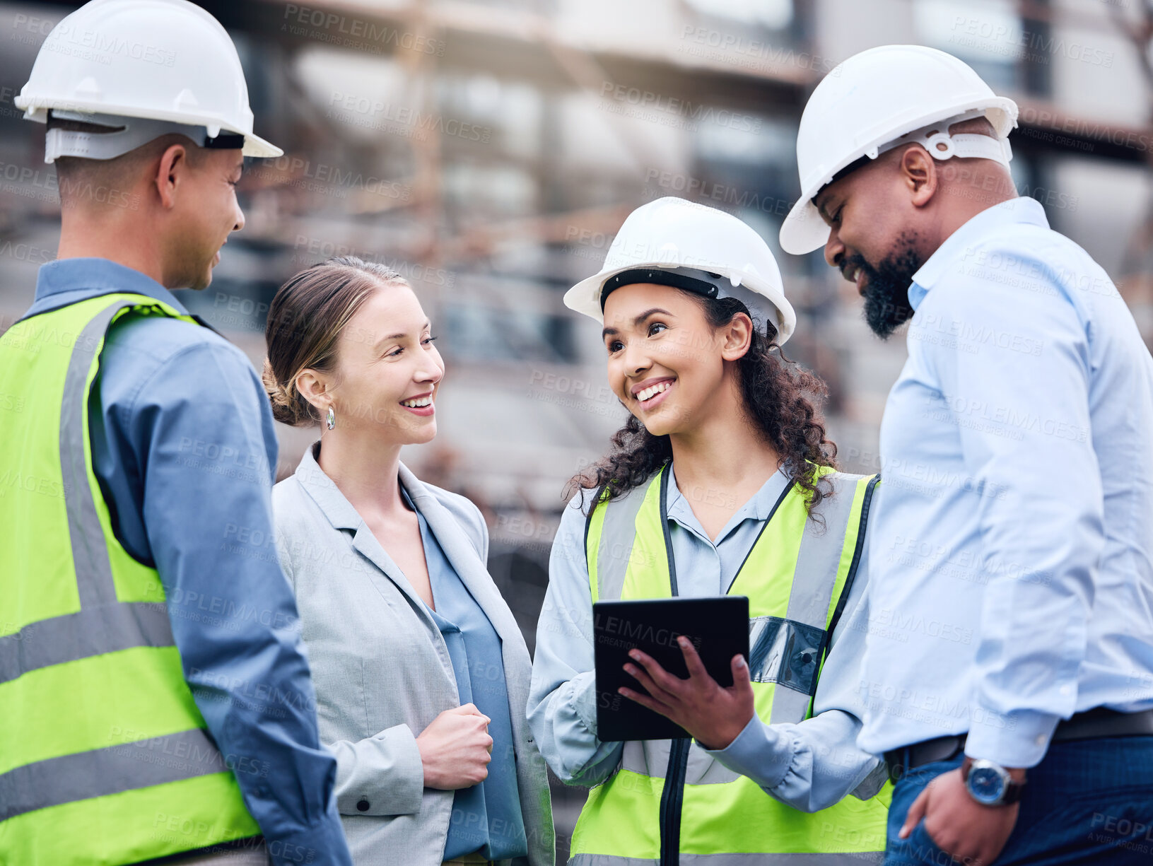 Buy stock photo Architect, construction and group working on tablet, project blueprint or engineering planning for work site. People, teamwork and engineer with technology, strategy or idea for building contractor