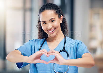 Buy stock photo Happy woman, doctor and portrait with heart hands for love in healthcare or life insurance at the hospital. Female person or medical professional showing hand loving emoji, symbol or sign at clinic