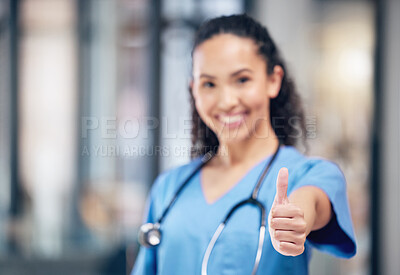 Buy stock photo Woman, doctor and hand in thumbs up for healthcare, winning or success for good job at hospital. Hand of female person or medical professional with thumb emoji, yes sign or like for goals at clinic