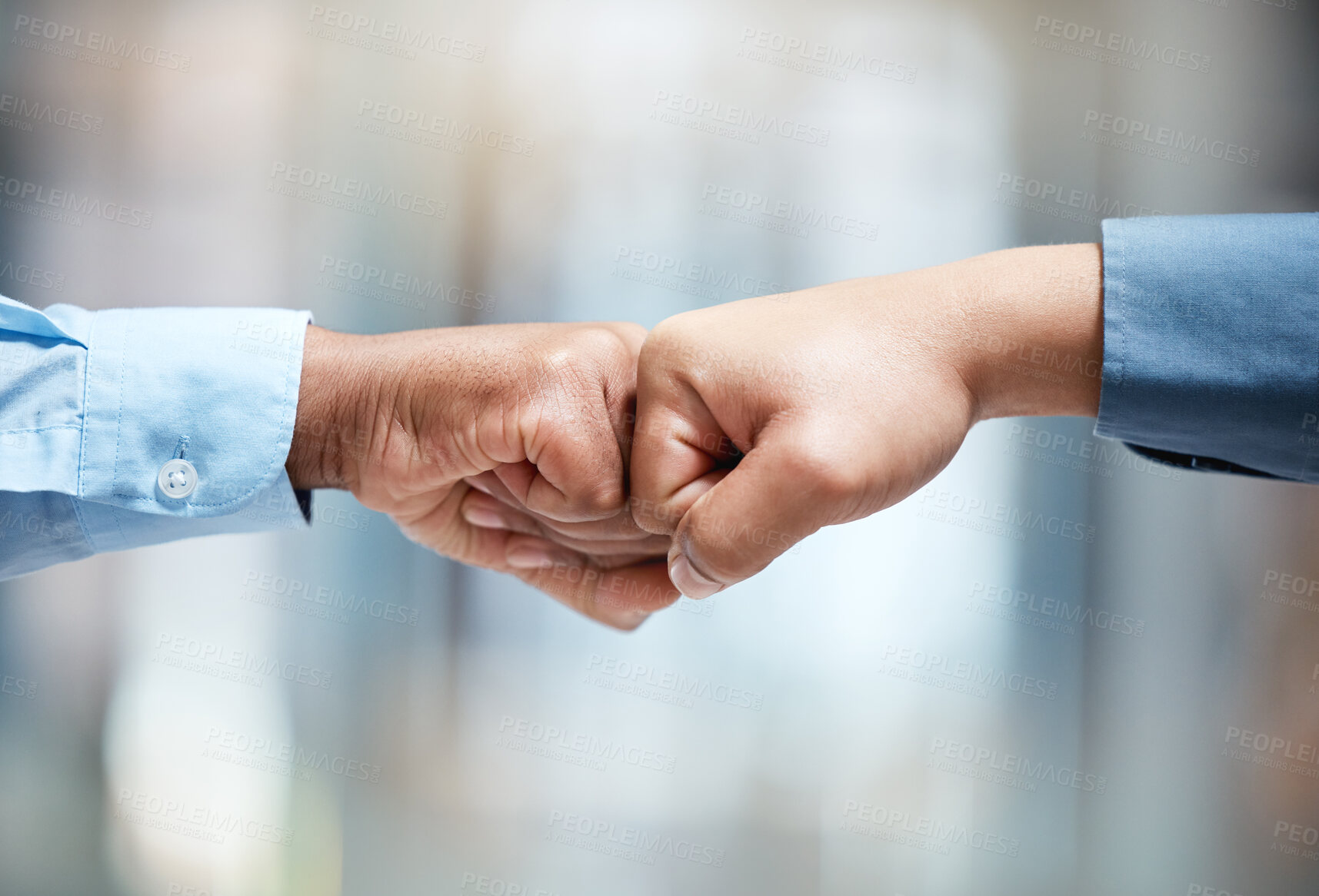 Buy stock photo Employees, fist bump and team building at meeting in office, support and partnership for agreement. Business people, together and deal for integration goals, solidarity and motivation for unity