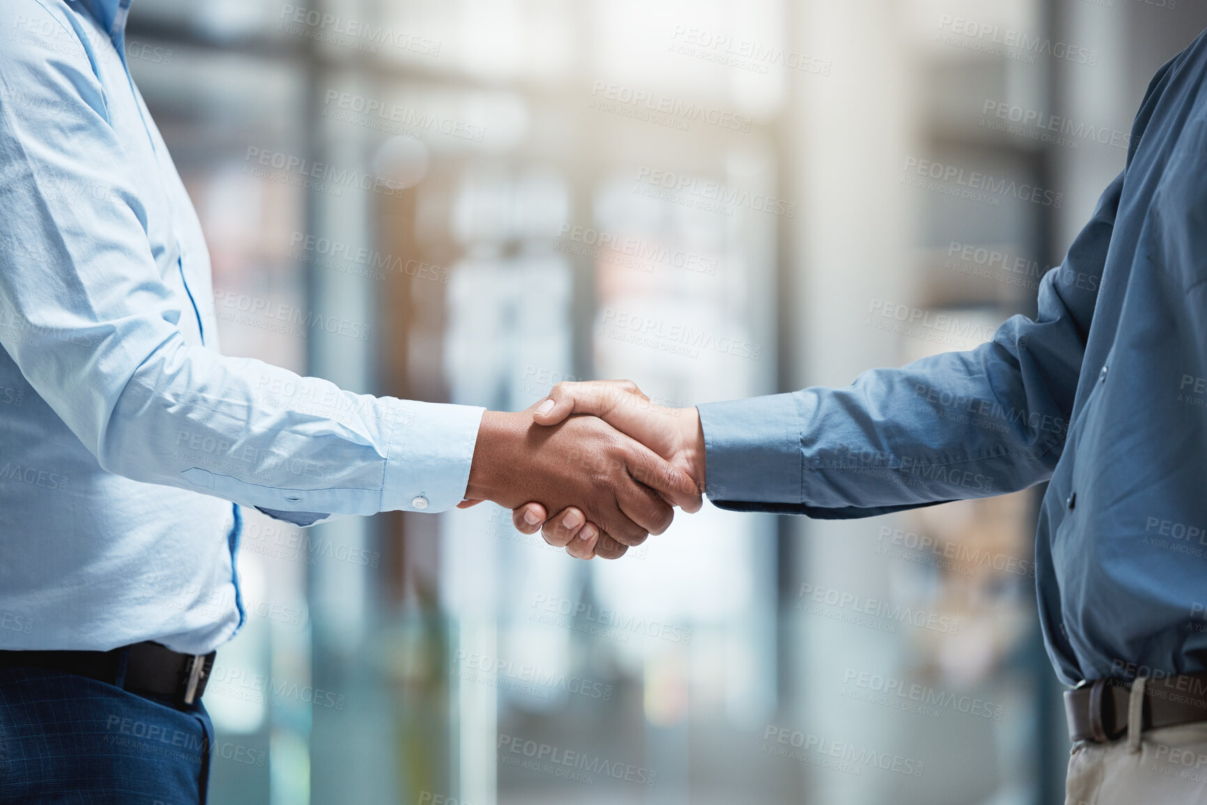 Buy stock photo Employees, shaking hands and team building at meeting in office, support and partnership for agreement. Business people, together and deal for integration goals, solidarity and motivation for unity