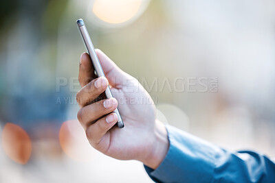 Buy stock photo Hands, smartphone and business person for chat, networking and contact client in city with email. Mobile, closeup and man in urban street for communication, social media and online meeting outdoor