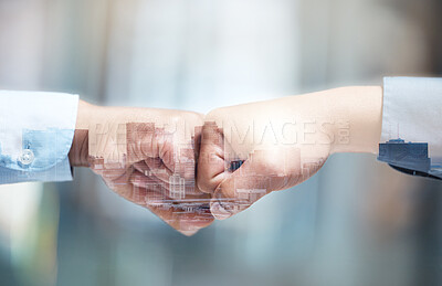 Buy stock photo Employees, fist bump and architects at meeting in double exposure, support and partners for agreement. Business people, together and deal for integration goals, office and motivation for development