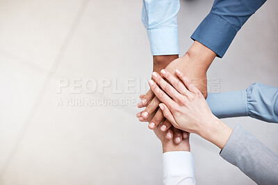 Buy stock photo Hands, mockup and a business team in a huddle from above for support, motivation or solidarity. Collaboration, teamwork and space with a group of people or colleagues standing in a circle at work