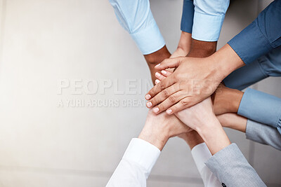 Buy stock photo Hands, mockup and business people in a huddle from above for support, motivation or solidarity. Collaboration, teamwork and space with a group of colleagues or employees standing in a circle at work