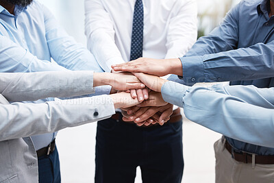 Buy stock photo Employees, hands and company team building in stack, support and partnership for agreement. Businesspeople, together and pile for integration goals, solidarity and motivation for productivity meeting