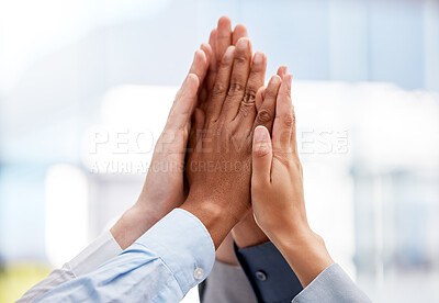 Buy stock photo Employees, high five and hands for team building success, support and partnership for agreement. Business people, together and deal for integration, solidarity and motivation for unity in office