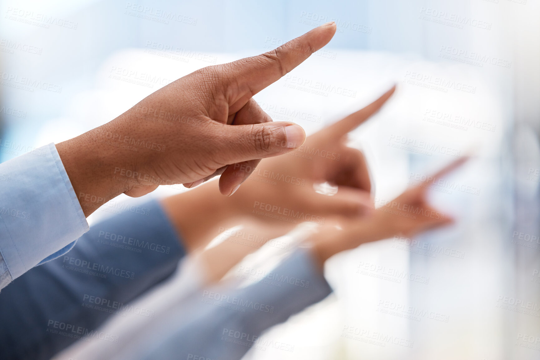 Buy stock photo Business people, pointing and finger with team for direction in unity, collaboration or agreement at office. Closeup, hands or group of employees showing gesture in vote, support or sign at workplace