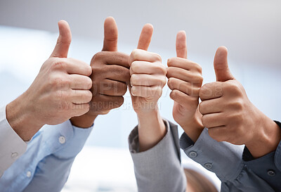 Buy stock photo Employees, thumbs up and team building at meeting in office, support and emoji for agreement. Business people, together and symbol for motivation, solidarity and sign for collaboration or approval