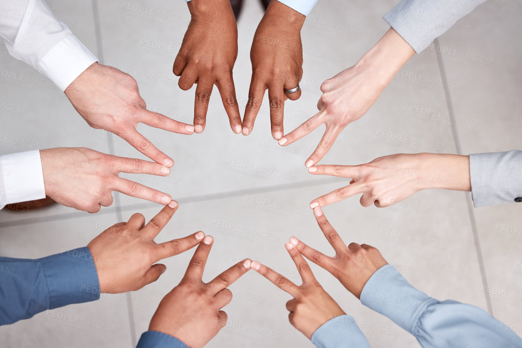 Buy stock photo Star shape, business people and hands for teamwork, brainstorming and cooperation. Closeup, group and employees in modern office, collaboration and meeting for creativity, support and company symbol