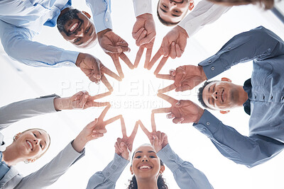 Buy stock photo Star shape, business people and hands with portrait, brainstorming and cooperation. Closeup, group and employees in modern office, collaboration and meeting for creativity, support and teamwork